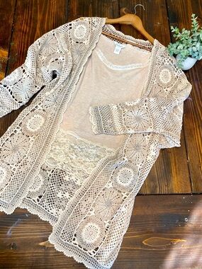 Sundance crochet doily cardigan with camisole neutral beige cottagecore M/L